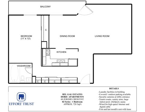 Floor plan for 1 bed, 1 bath, 720 sqft